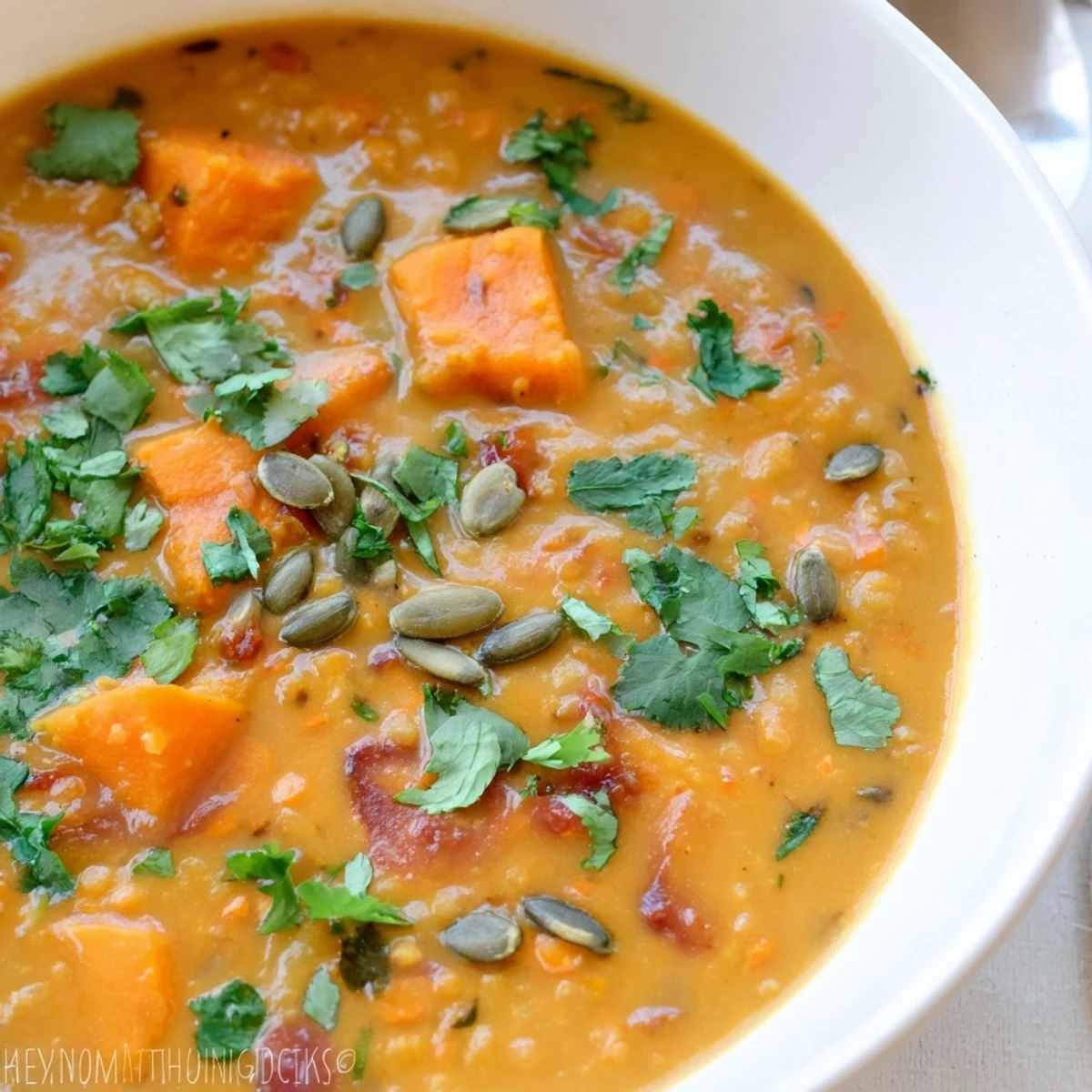 Steaming bowl of Spiced Sweet Potato Coconut Lentil Soup topped with toasted pumpkin seeds