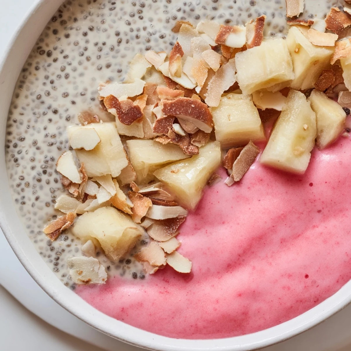 Creamy guava coconut vanilla chia breakfast bowl topped with fresh fruit and toasted coconut flakes