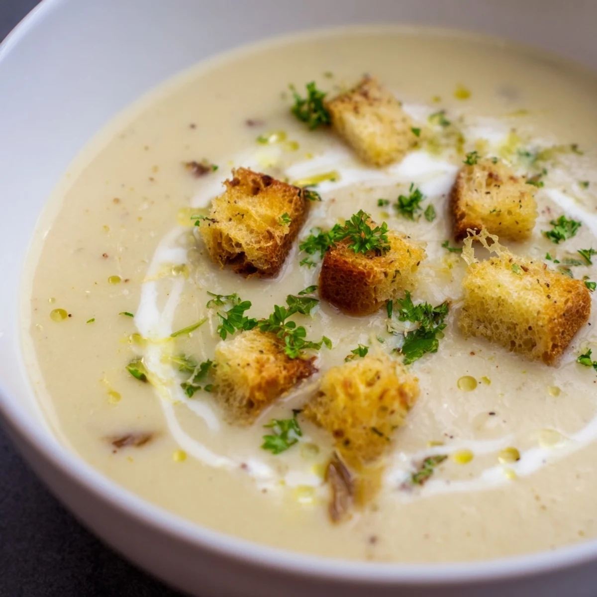 Creamy roasted parsnip and garlic soup in a white bowl with fresh parsley garnish