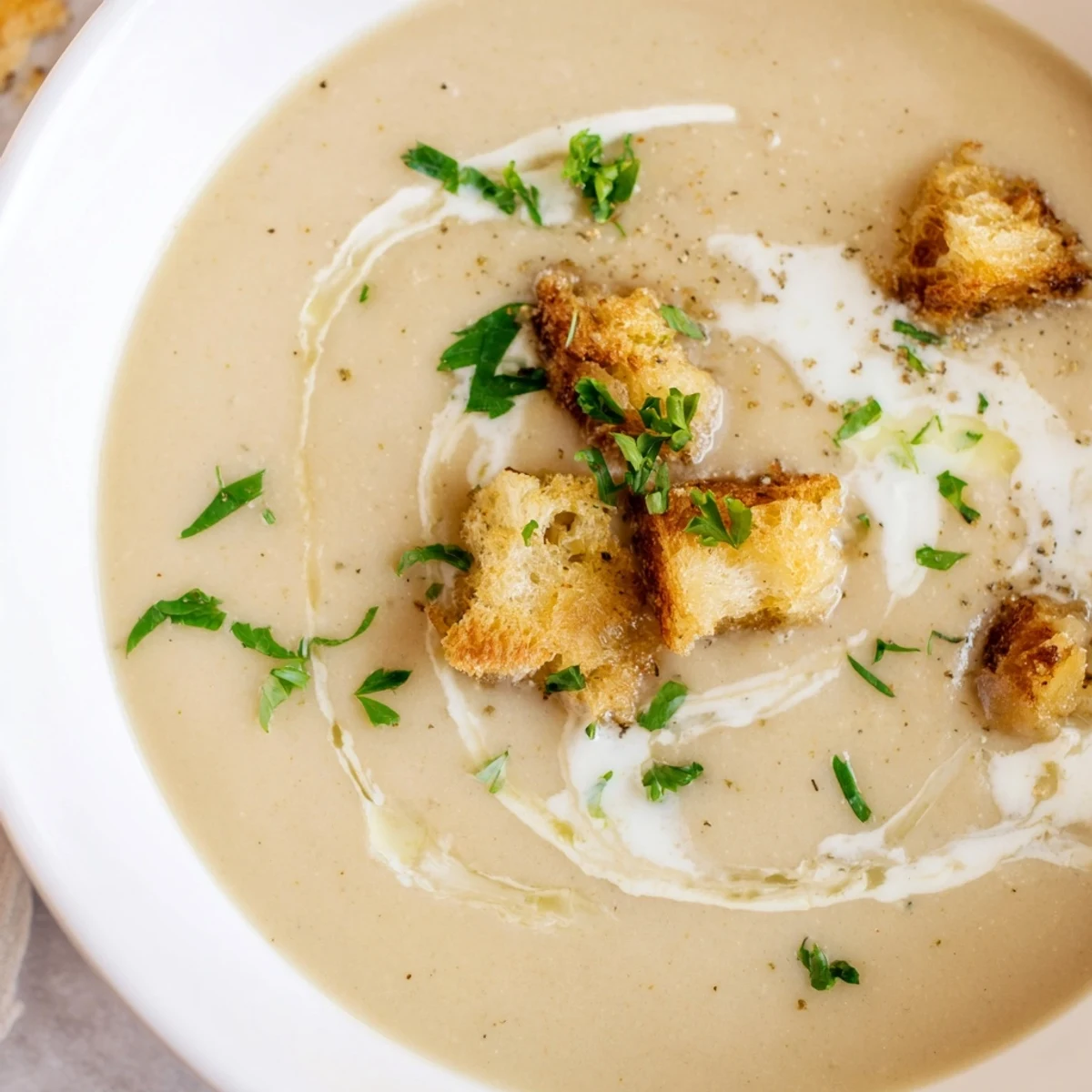 Velvety roasted parsnip and garlic soup topped with golden croutons and cream swirl