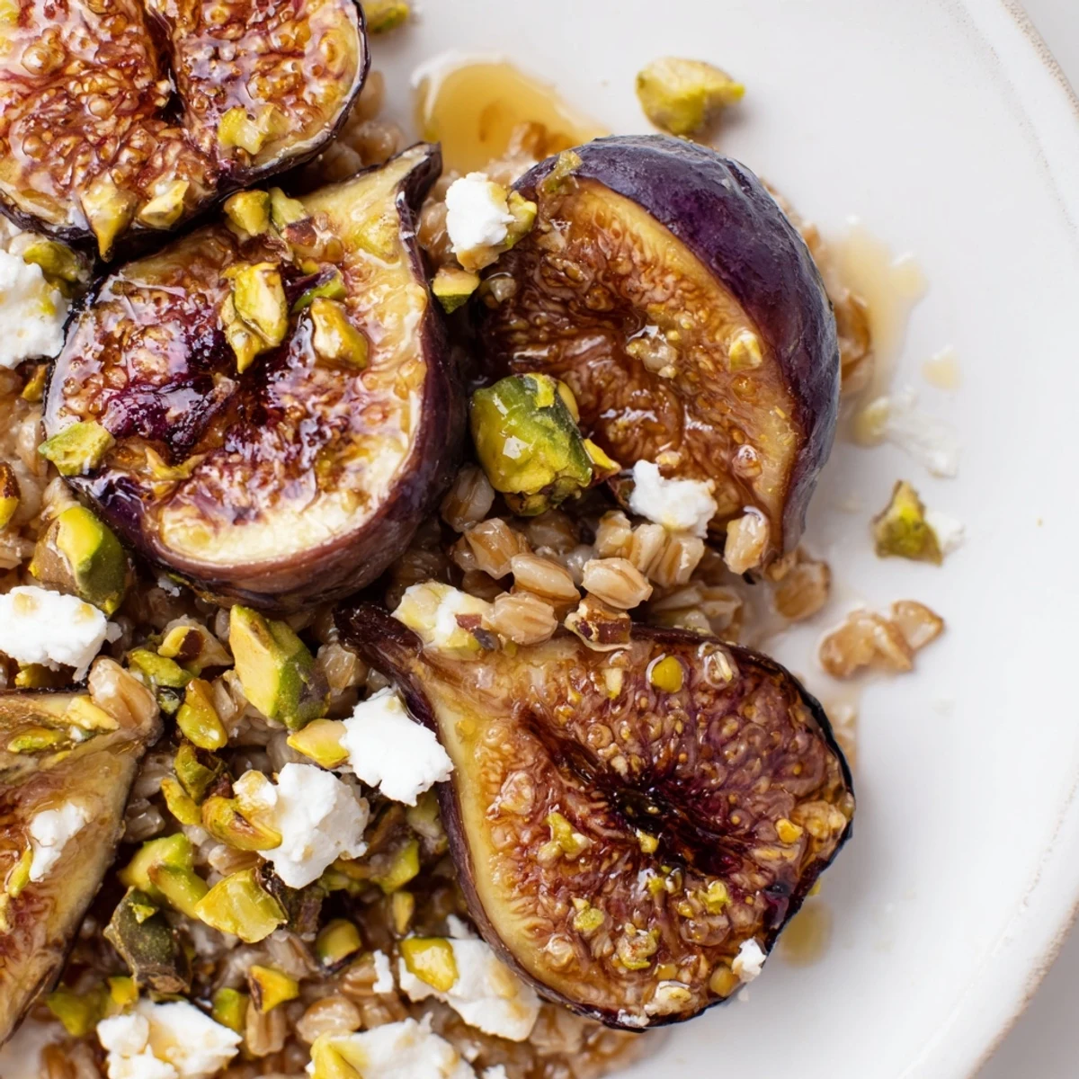 Roasted Fig and Pistachio Farro Grain Salad topped with caramelized figs and crumbled feta cheese
