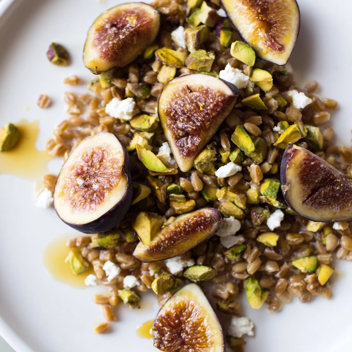 Nutty farro grain salad with sweet roasted figs, bright greens, and crunchy pistachios on a white platter