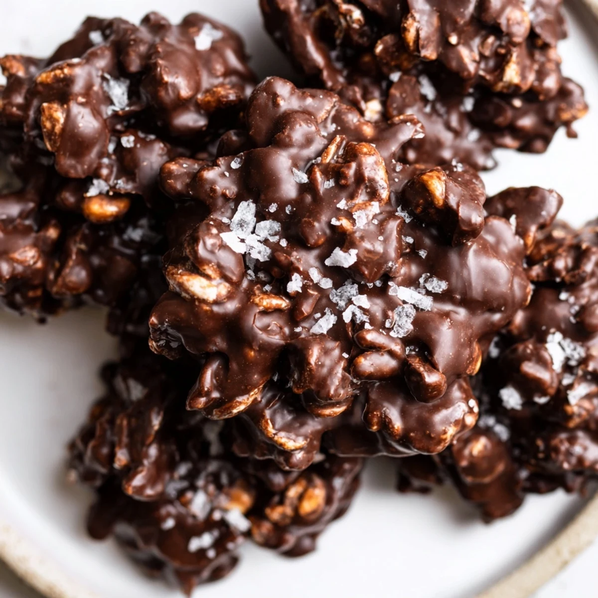 Glossy dark chocolate hazelnut crunch clusters topped with flaky sea salt on rustic parchment paper