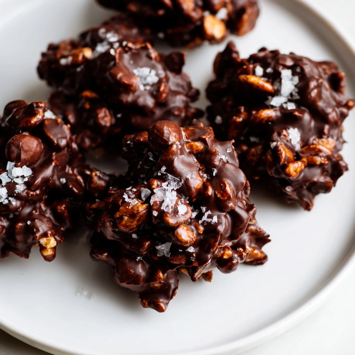 Crispy puffed rice and roasted hazelnuts peek through shiny dark chocolate hazelnut crunch clusters