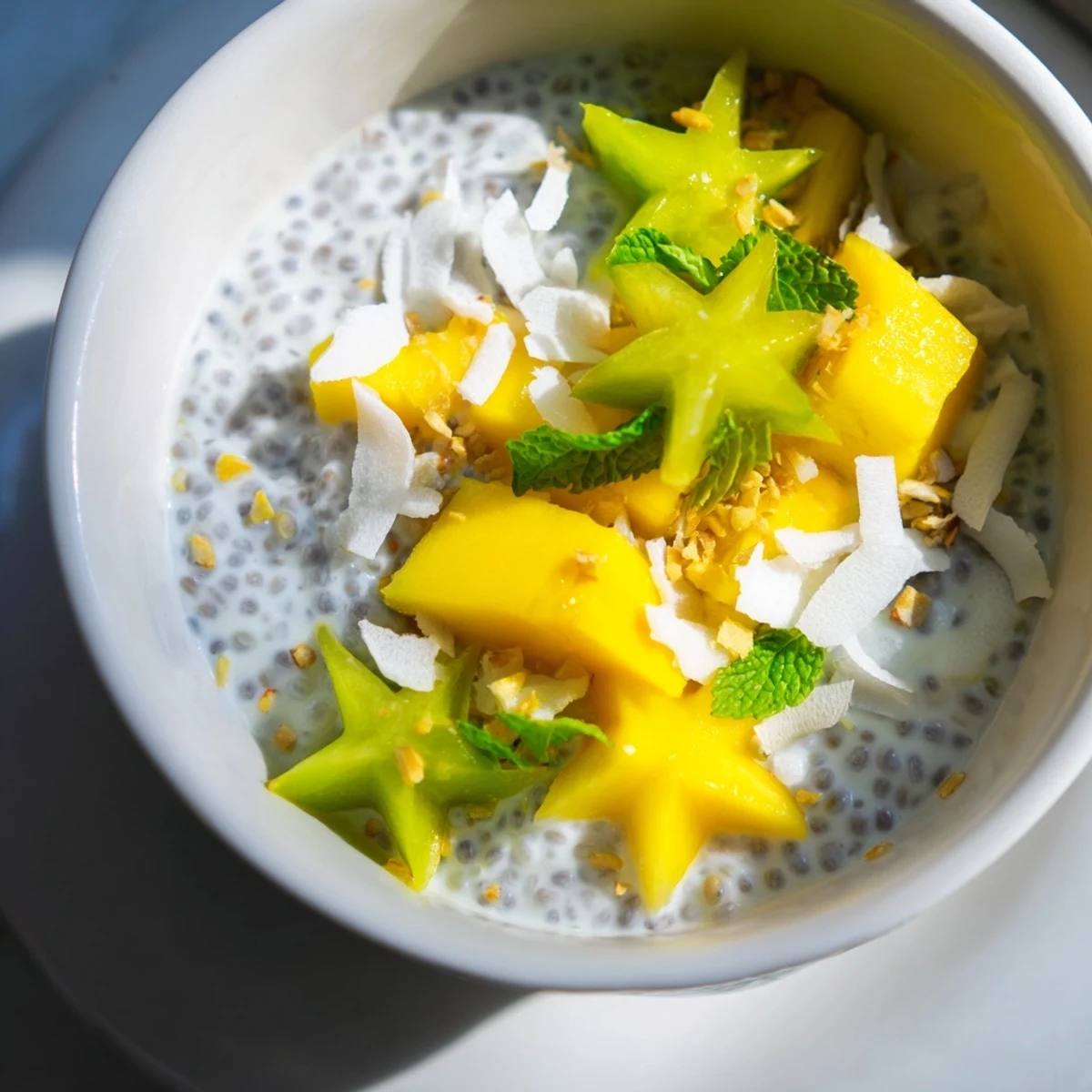 Creamy Starfruit Mango Coconut Chia Breakfast Bowl topped with fresh tropical fruit slices