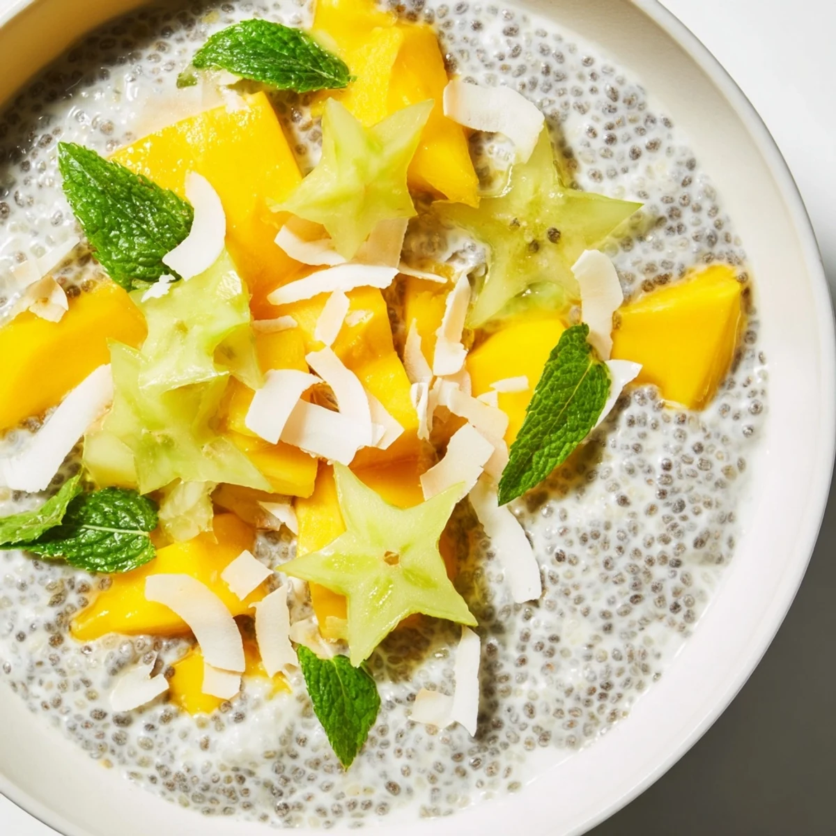 Vibrant Starfruit Mango Coconut Chia Breakfast Bowl garnished with shredded coconut and mint