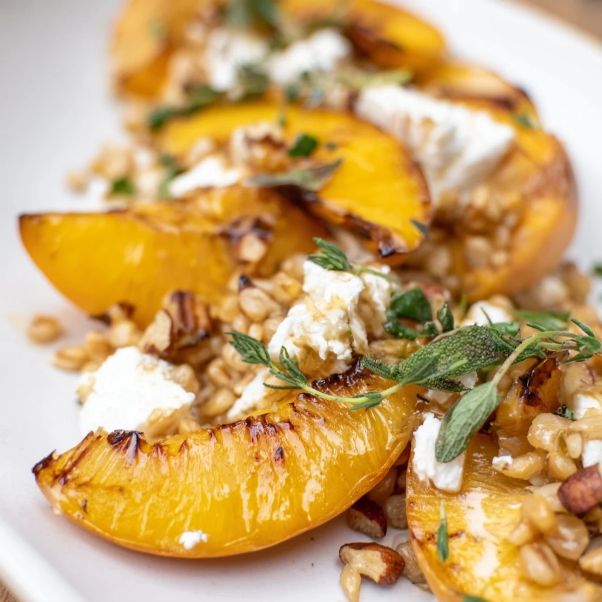 Golden roasted peaches crown this fresh Roasted Peach Thyme Farro Grain Salad with creamy goat cheese