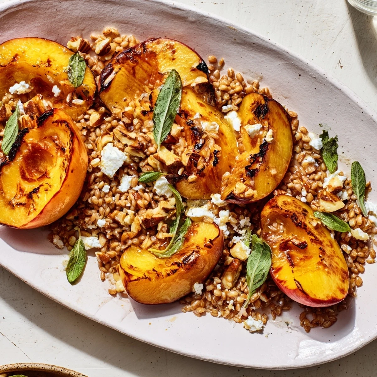 A colorful Roasted Peach Thyme Farro Grain Salad tossed with baby greens and toasted pecans