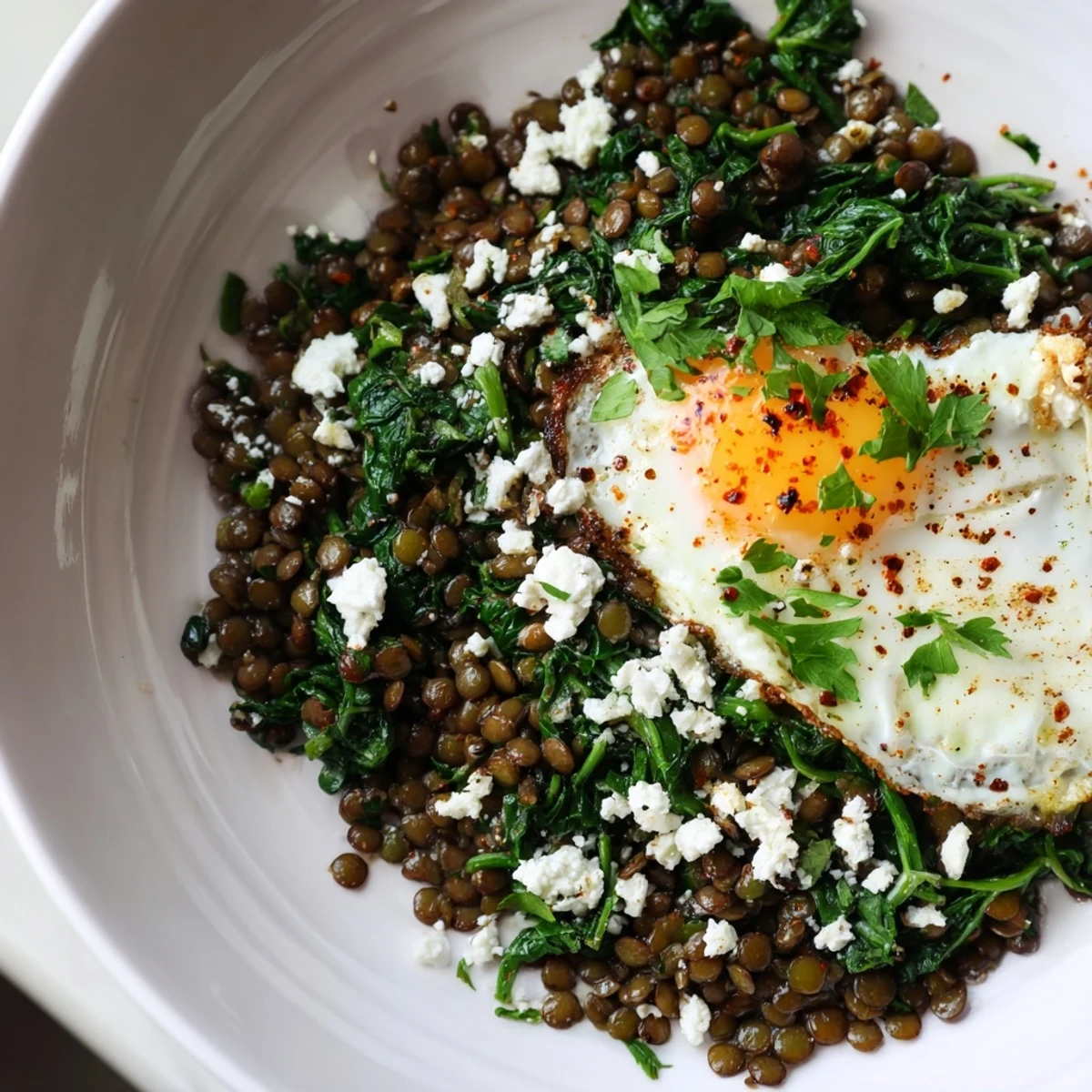 Warm garlic spinach lentil breakfast bowl topped with a golden fried egg and crumbled feta