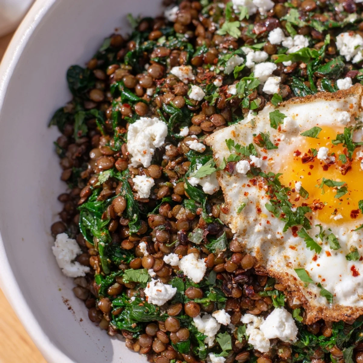 Steaming savory garlic spinach lentil breakfast bowl served with fresh parsley and lemon wedges