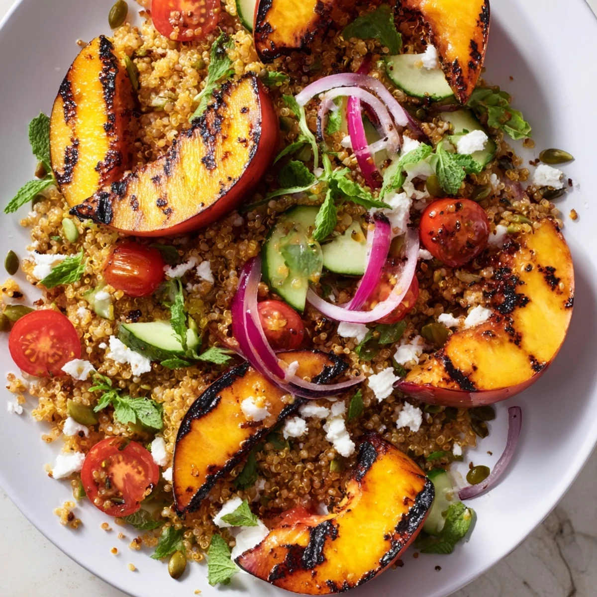 Grilled nectarine and chili quinoa grain salad topped with charred fruit wedges and fresh herbs