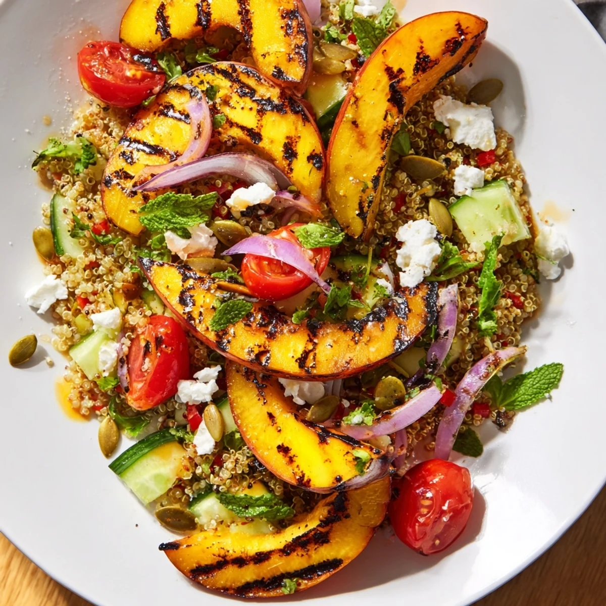 Colorful grilled nectarine and chili quinoa grain salad in a bowl with vibrant summer vegetables