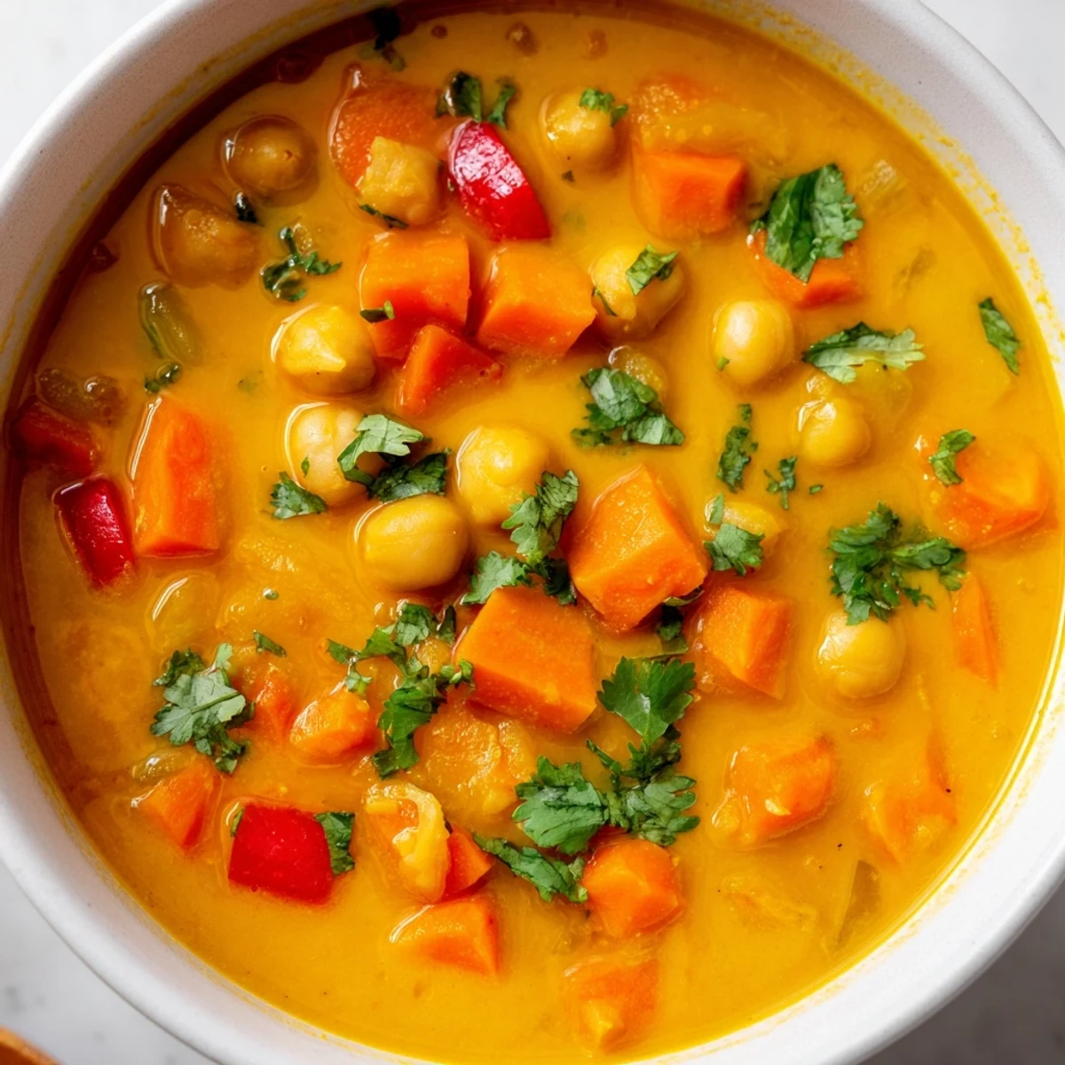 Steaming bowl of Spiced Coconut Tomato Chickpea Soup topped with fresh cilantro