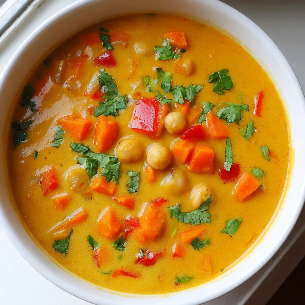 Golden-orange Spiced Coconut Tomato Chickpea Soup ladled into a rustic ceramic bowl