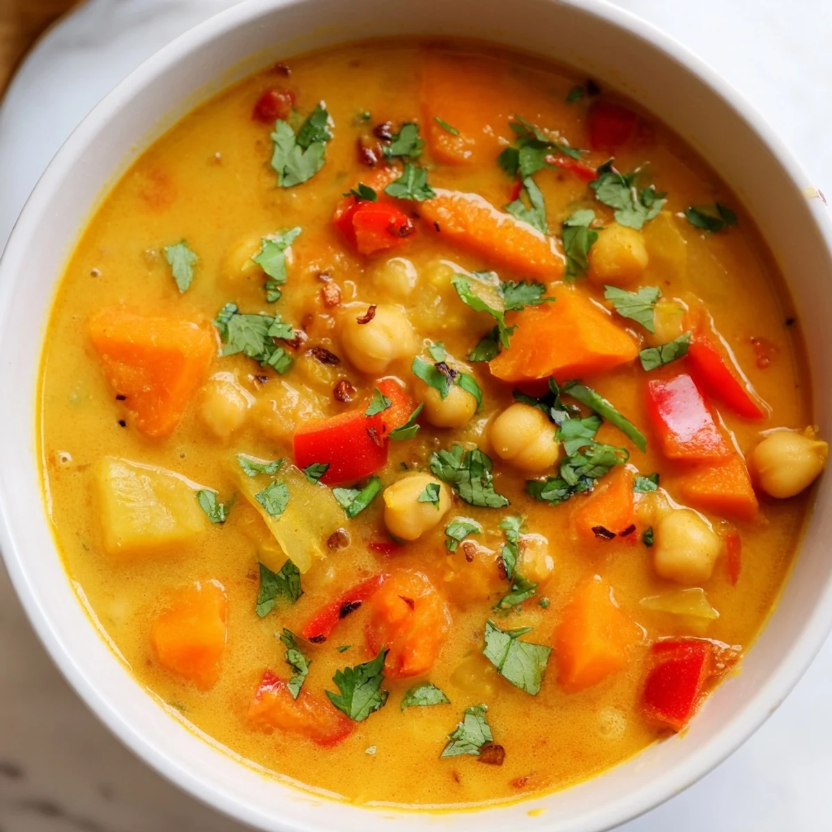 Creamy Spiced Coconut Tomato Chickpea Soup served with crusty bread for dipping