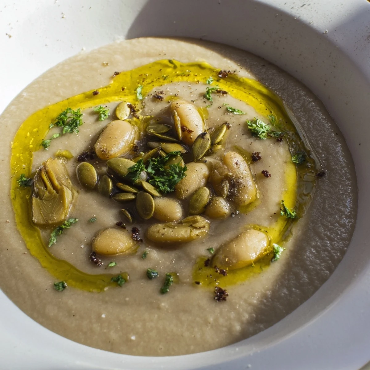 Creamy roasted sunchoke soup topped with olive oil and fresh parsley garnish