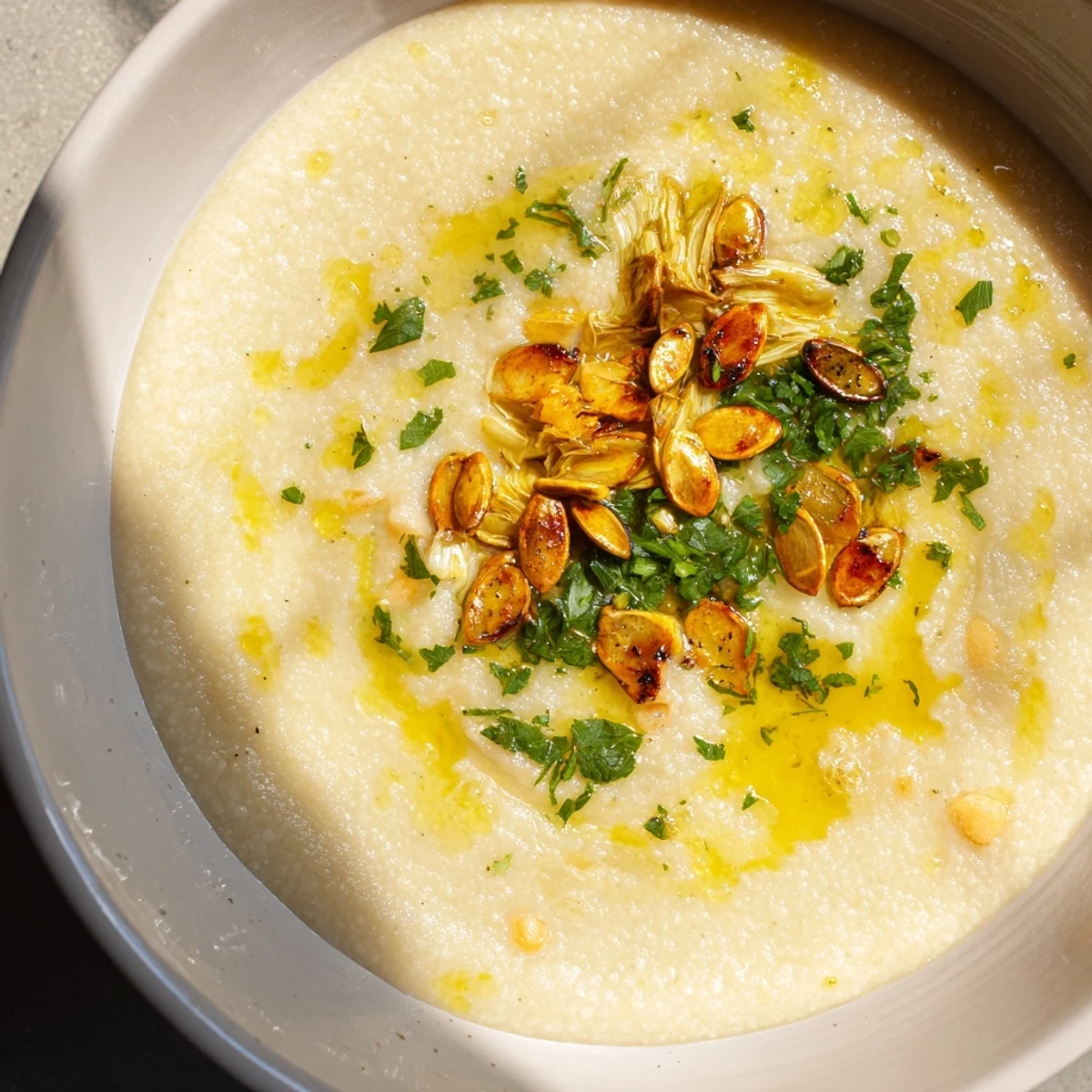 Golden roasted sunchoke and white bean hearty soup ladled into a white bowl