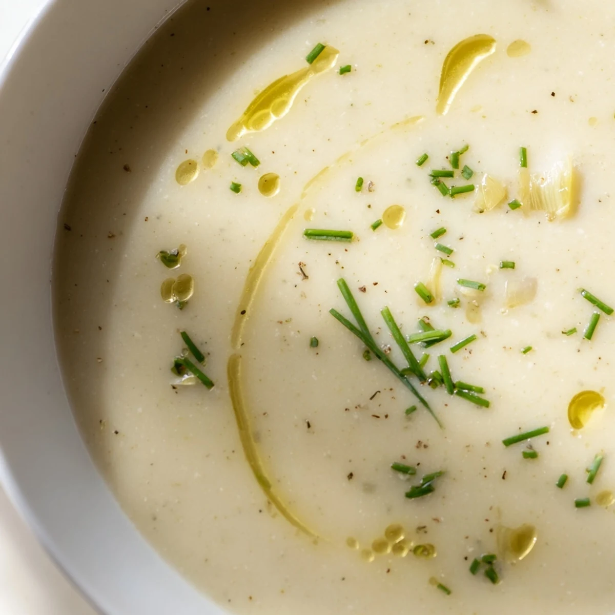 Creamy roasted cauliflower leek soup topped with fresh chives in a rustic bowl