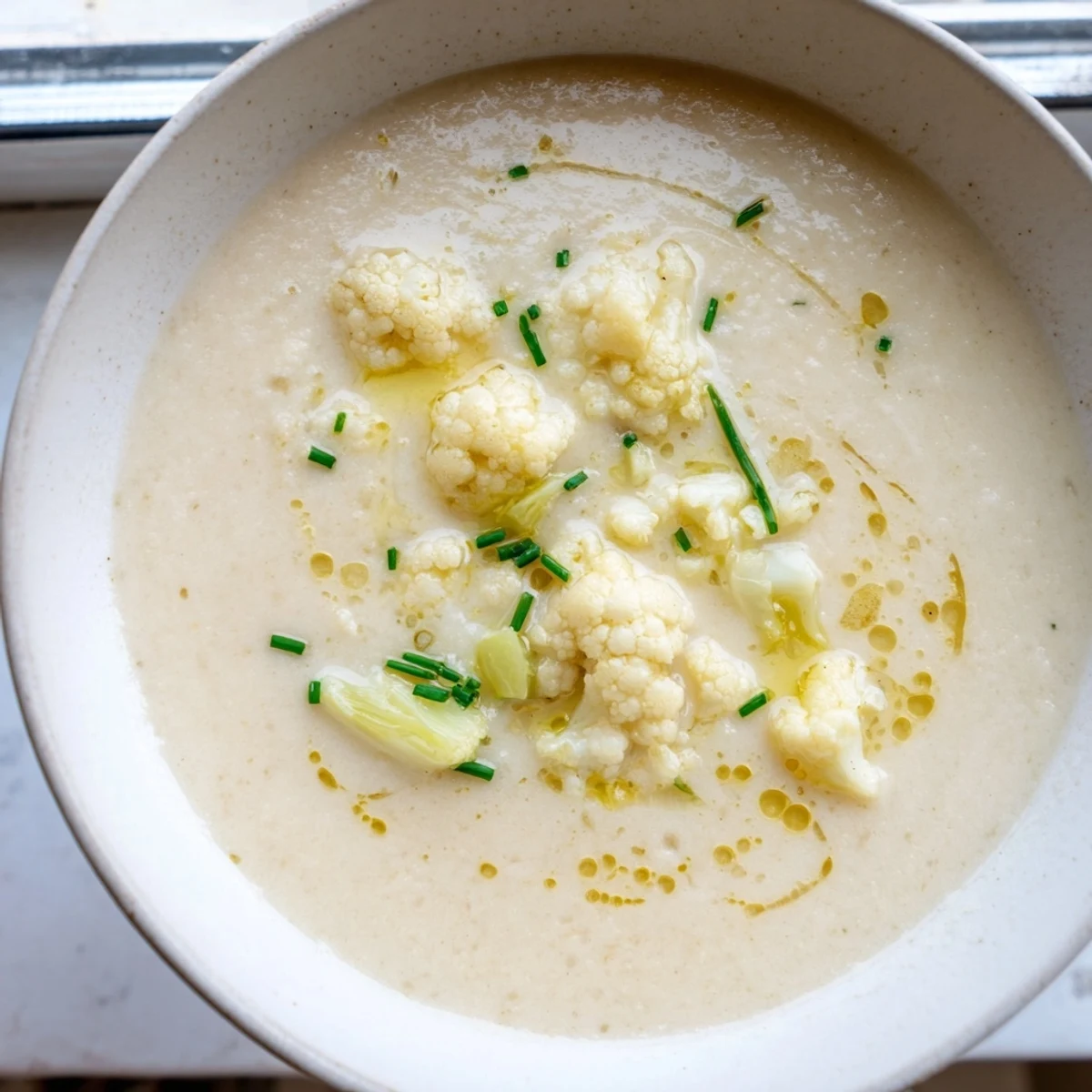Golden swirl of creamy roasted cauliflower leek soup with a crusty bread roll