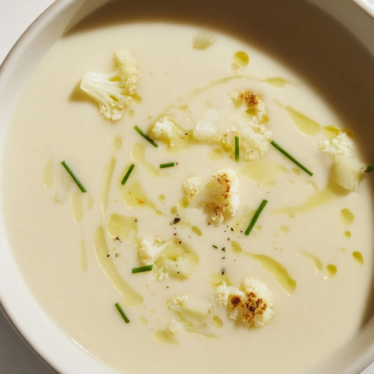 Steaming bowl of creamy roasted cauliflower leek soup drizzled with olive oil garnish