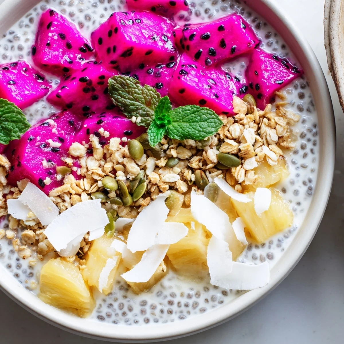Creamy Dragonfruit Pineapple Coconut Chia Breakfast Bowl topped with fresh tropical fruit and crunchy granola