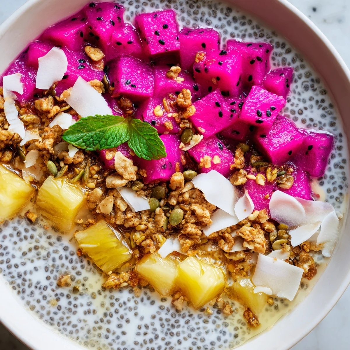 Vibrant pink Dragonfruit Pineapple Coconut Chia Breakfast Bowl served in a white ceramic dish