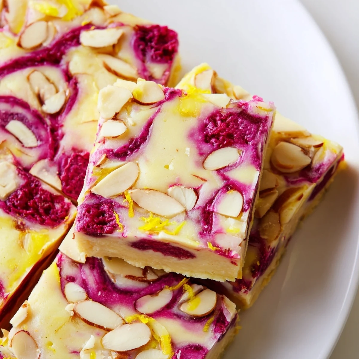 Creamy Raspberry Lemon Almond Freezer Fudge squares with swirled raspberry topping on parchment paper