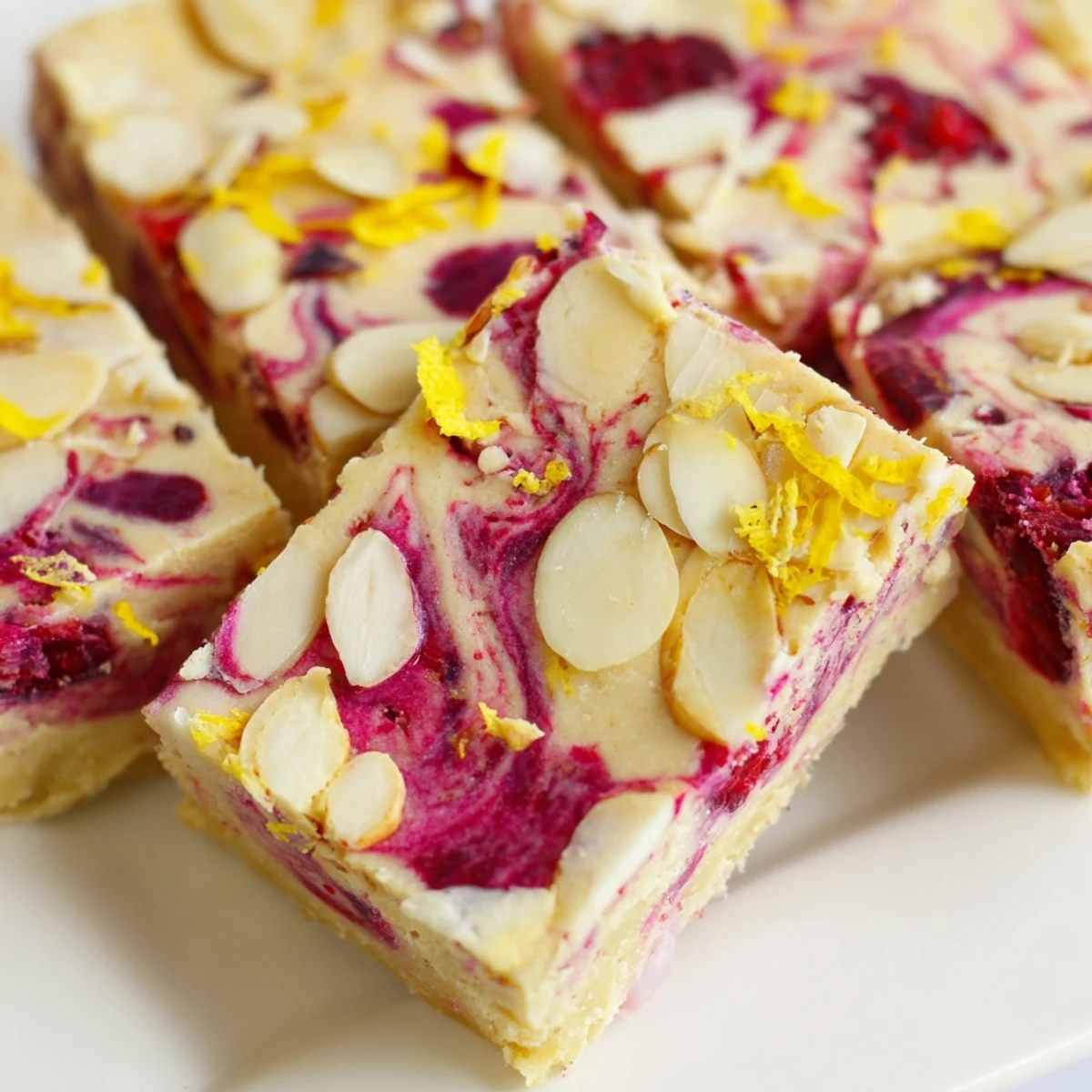 Golden Raspberry Lemon Almond Freezer Fudge cut into bite-sized pieces with bright red berry swirls