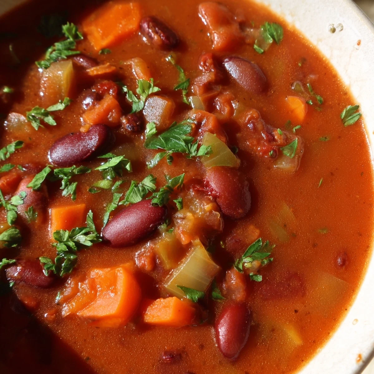 A vibrant red bowl of smoky kidney bean and tomato hearty soup topped with fresh green parsley