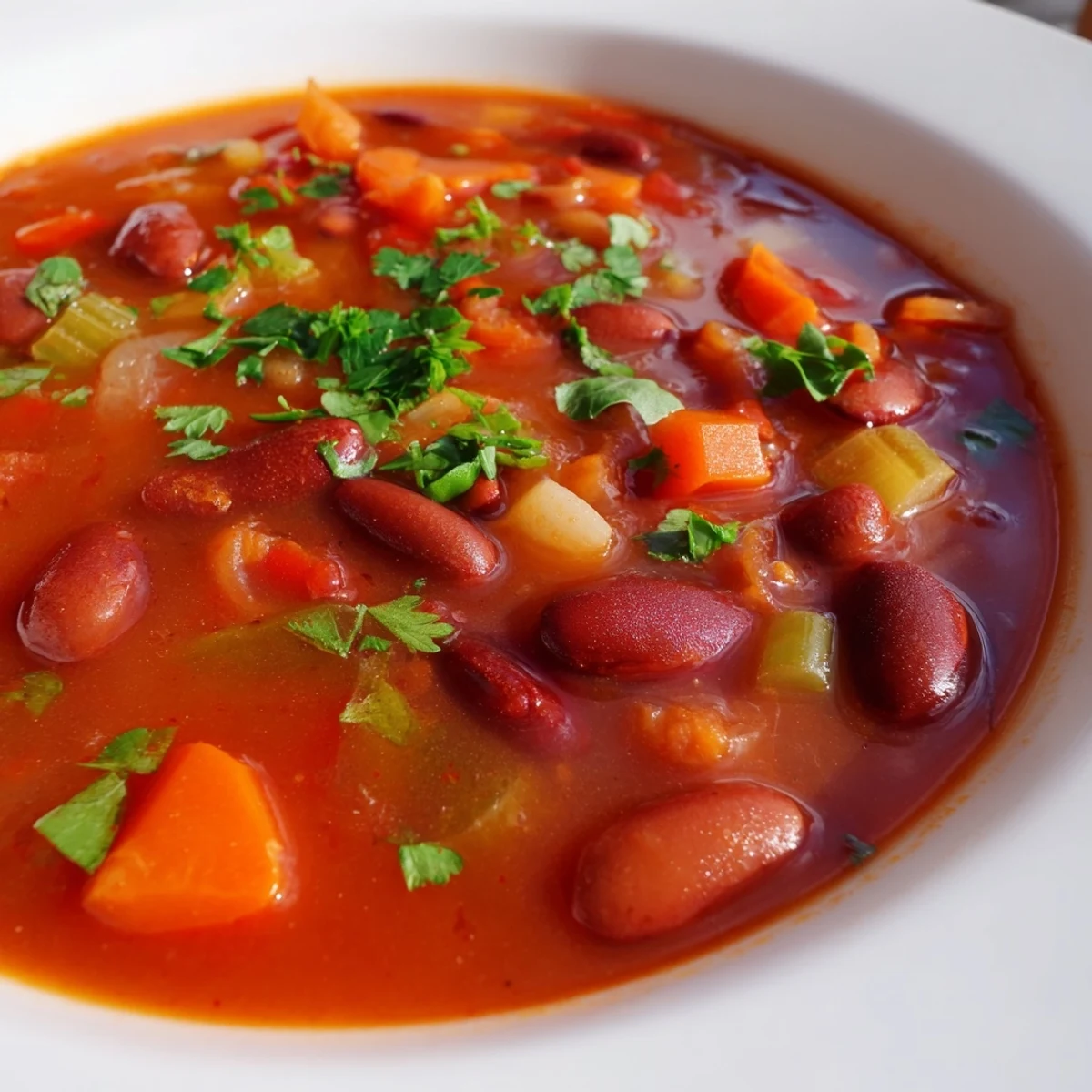 Thick, creamy smoky kidney bean and tomato hearty soup garnished with herbs in a cozy earthenware mug