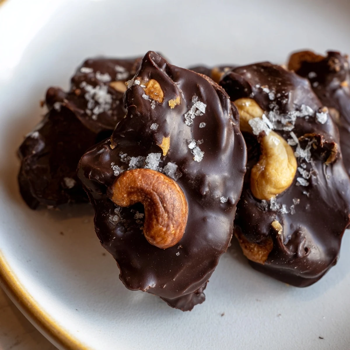 Glossy dark chocolate coconut cashew clusters topped with flaky sea salt on parchment paper