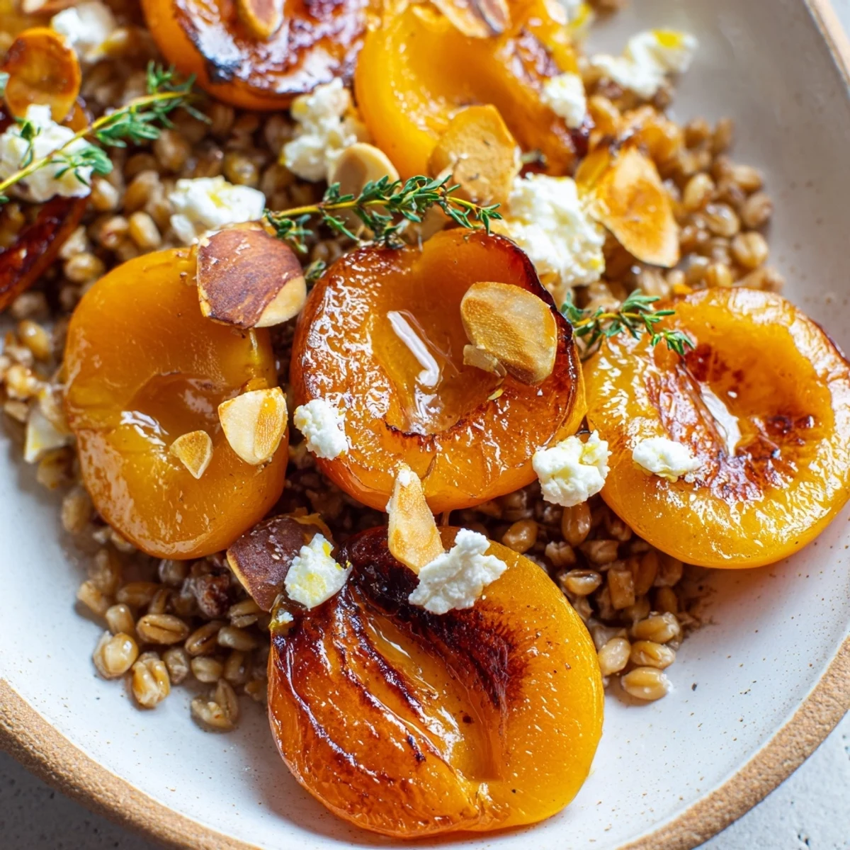 Roasted Apricot Thyme Farro Grain Salad topped with crumbled feta and toasted almonds on rustic stoneware
