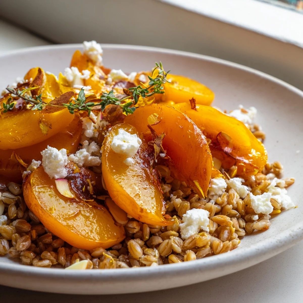 Golden roasted apricots nestled in Roasted Apricot Thyme Farro Grain Salad with peppery arugula and fresh herbs