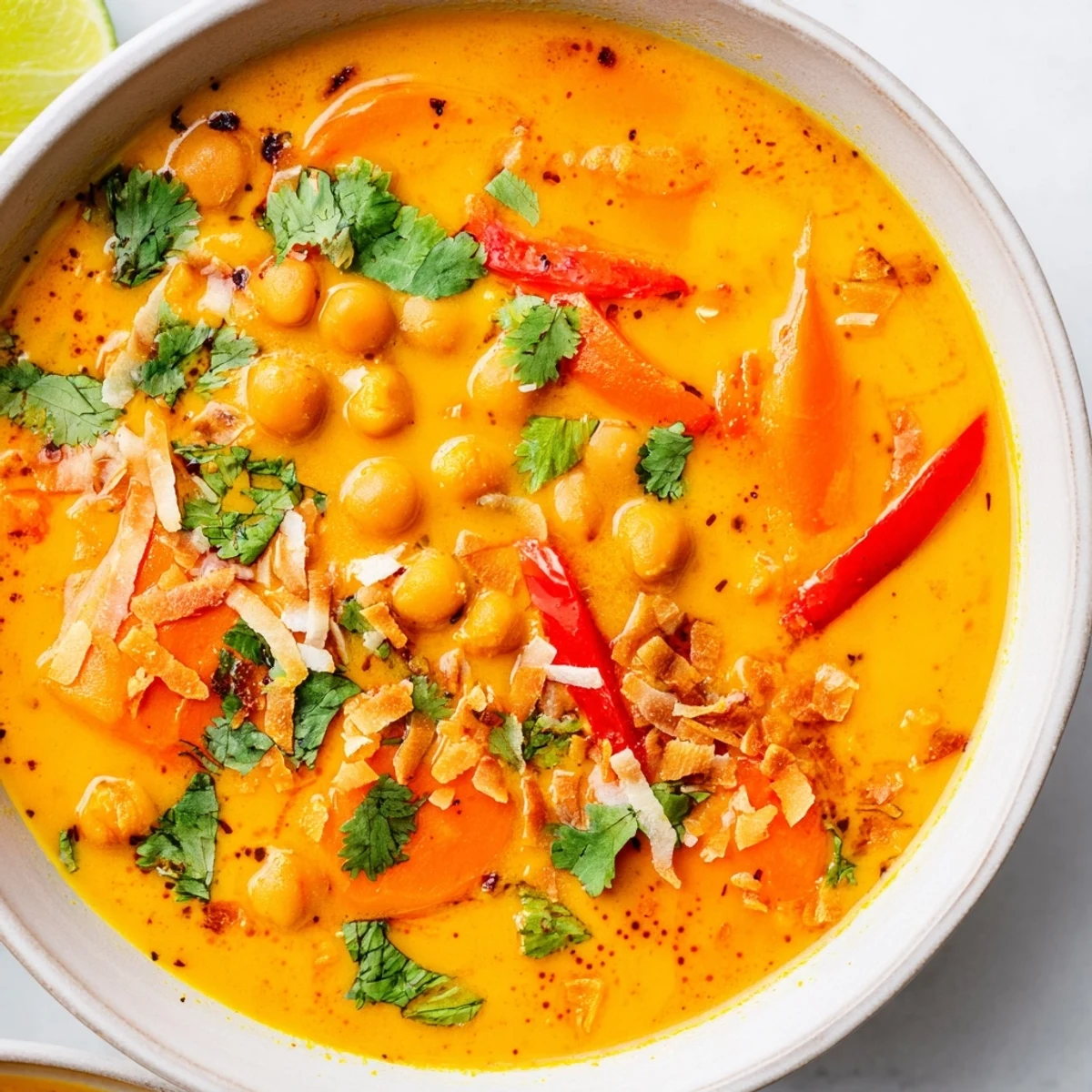 Creamy spiced carrot coconut chickpea soup in a rustic bowl with cilantro garnish