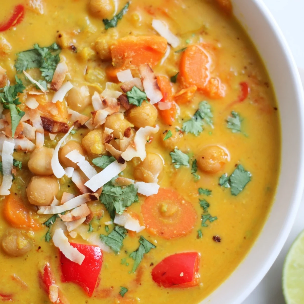Golden spiced carrot coconut chickpea soup topped with toasted coconut flakes and lime