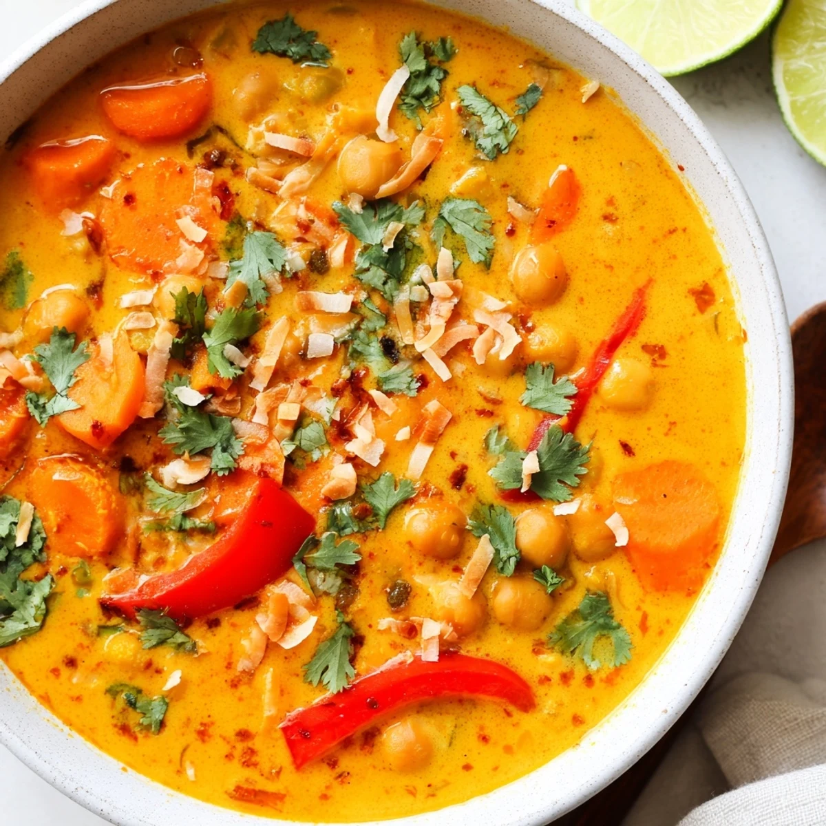 Steaming bowl of spiced carrot coconut chickpea soup served with crusty bread alongside