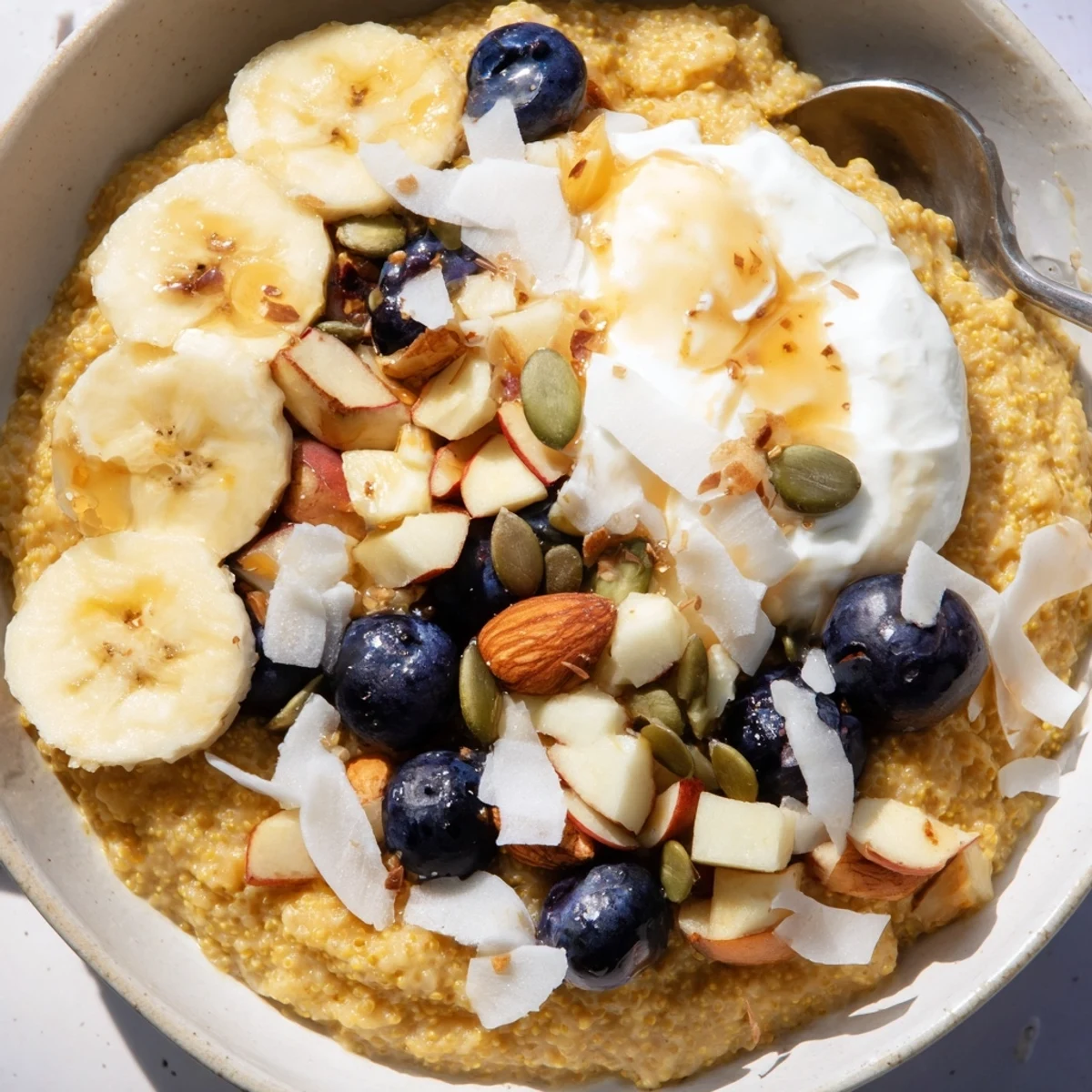 Creamy vanilla maple amaranth breakfast bowl drizzled with syrup and garnished with sliced banana