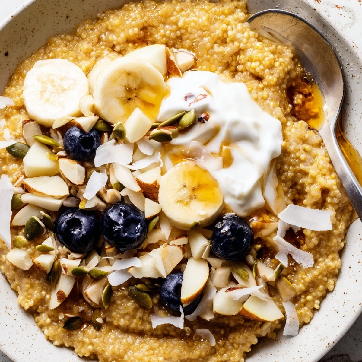 Warm vanilla maple amaranth breakfast bowl topped with fresh berries and crunchy pumpkin seeds