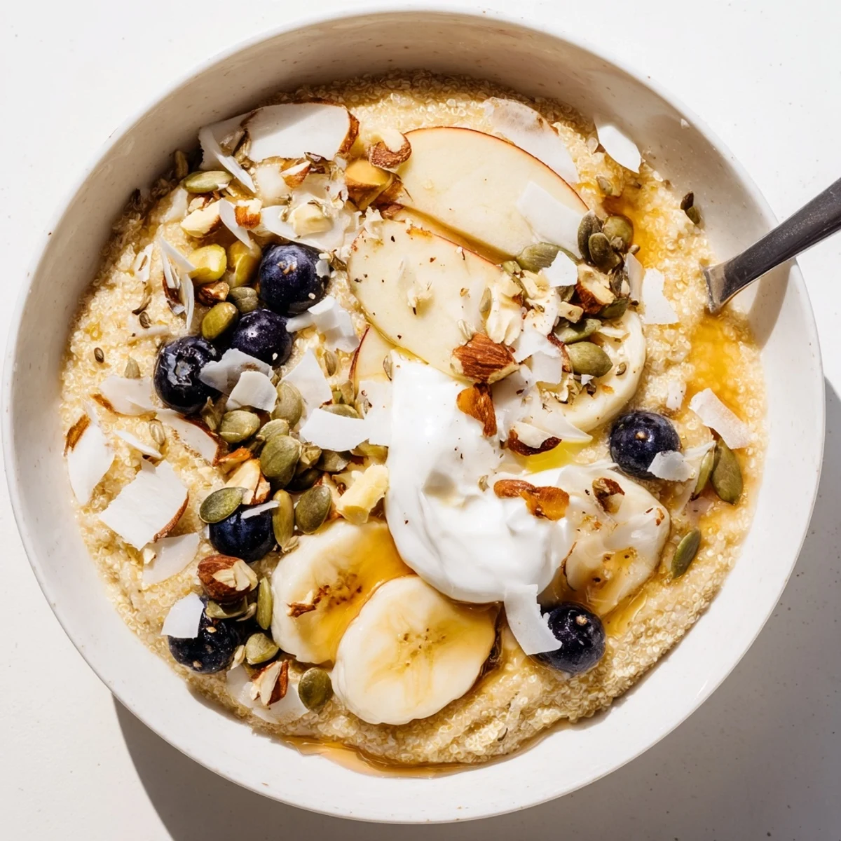 Golden vanilla maple amaranth breakfast bowl served in a rustic dish with fruit and almonds