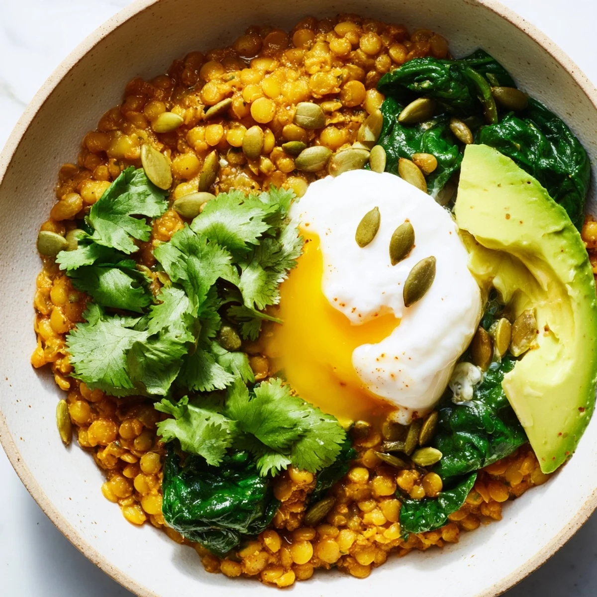 Golden turmeric lentil breakfast bowl topped with wilted greens, creamy avocado, and fresh herbs