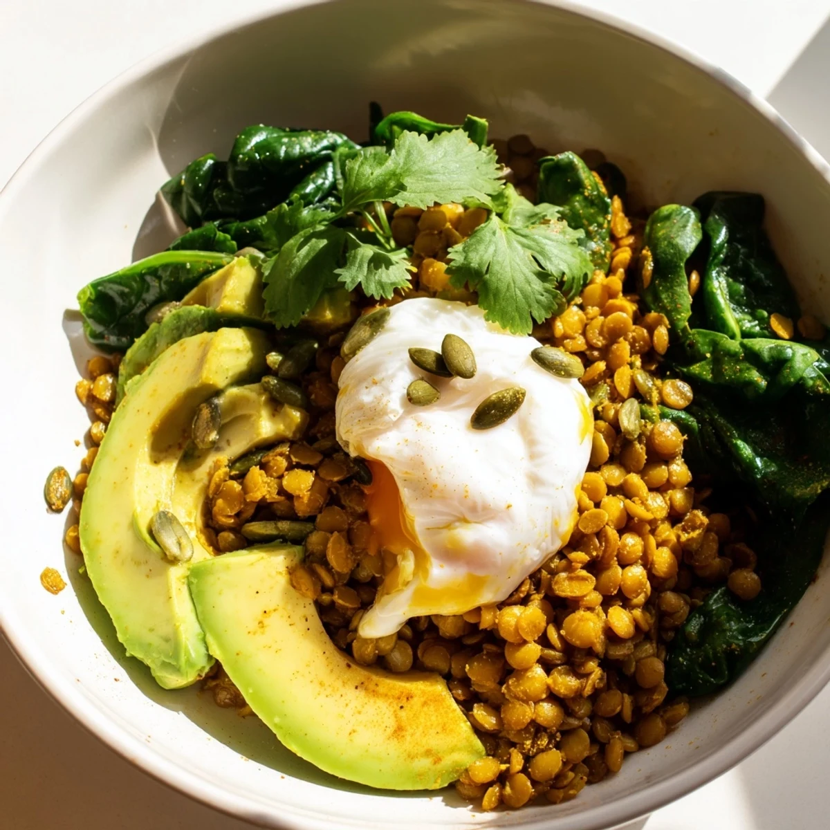 Warm savory lentil breakfast bowl with sautéed spinach, sliced avocado, and toasted pumpkin seeds