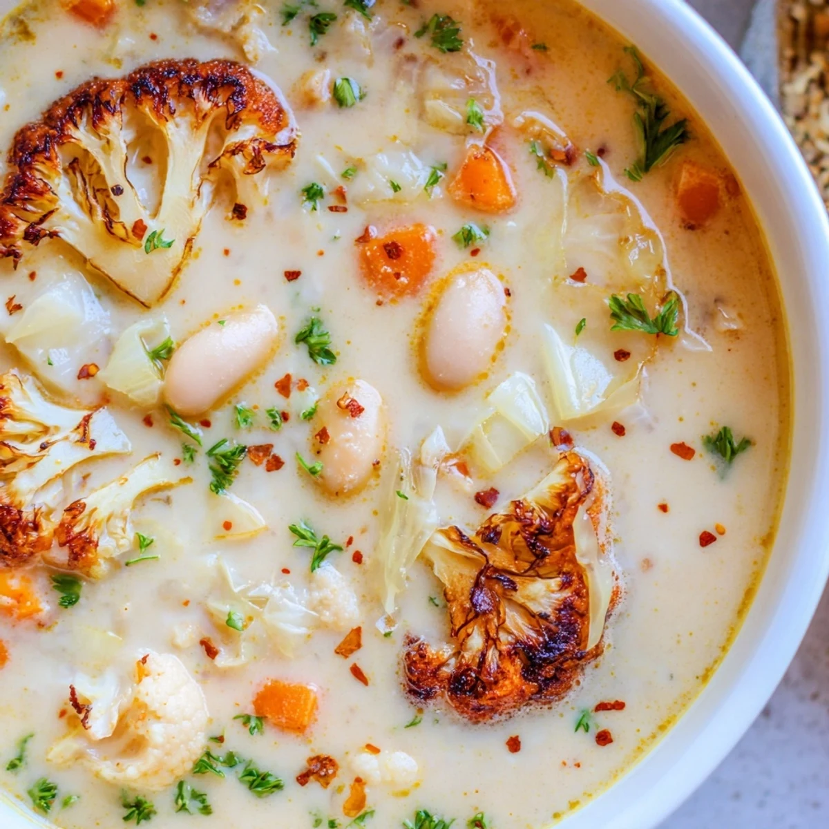 Creamy roasted cabbage and white bean hearty soup in a rustic bowl with fresh parsley garnish