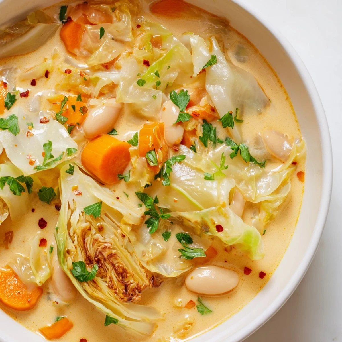 Golden caramelized cabbage and tender white beans swim in this velvety roasted cabbage and white bean hearty soup