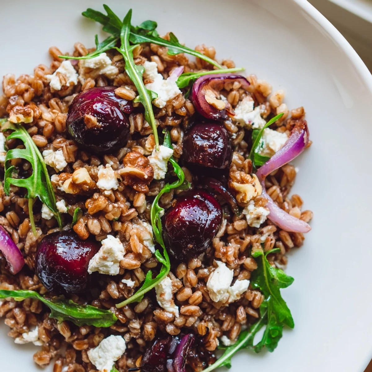 Roasted Cherry Balsamic Farro Grain Salad topped with crumbled feta on a rustic board