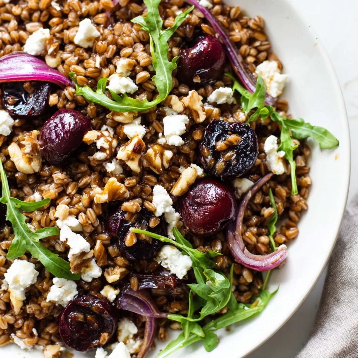 A vibrant bowl of Roasted Cherry Balsamic Farro Grain Salad with caramelized fruit and arugula