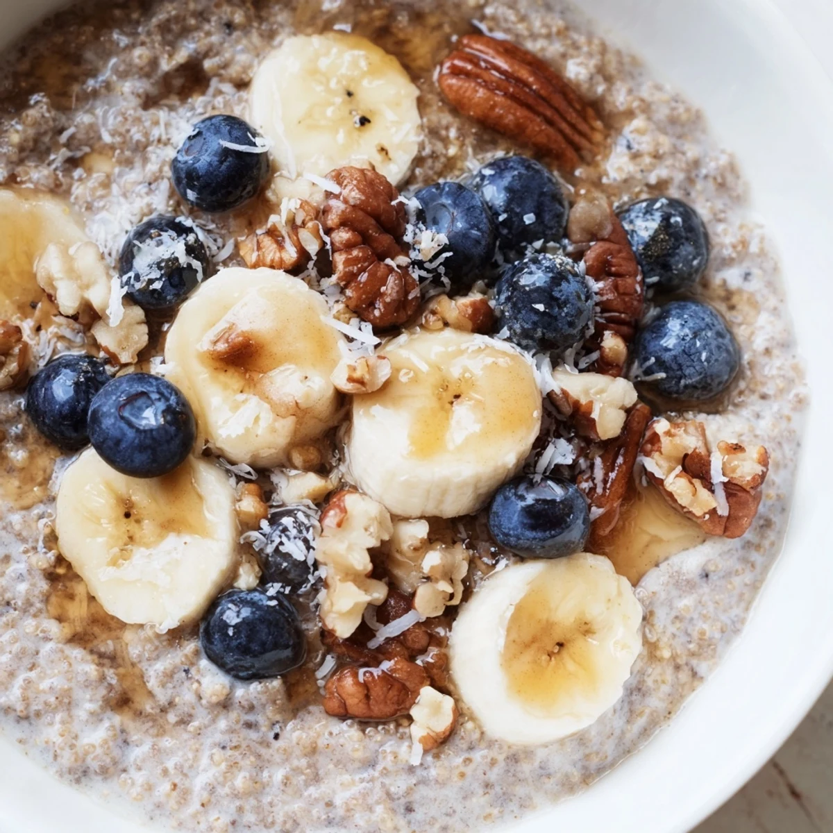 Steaming vanilla cinnamon teff breakfast bowl topped with fresh berries and toasted pecans