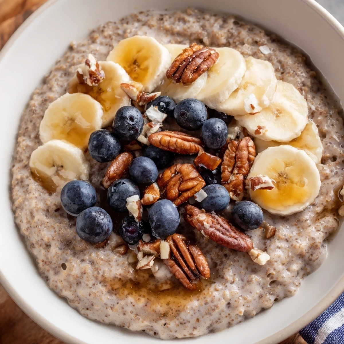 Creamy vanilla cinnamon teff breakfast bowl drizzled with maple syrup and sliced banana