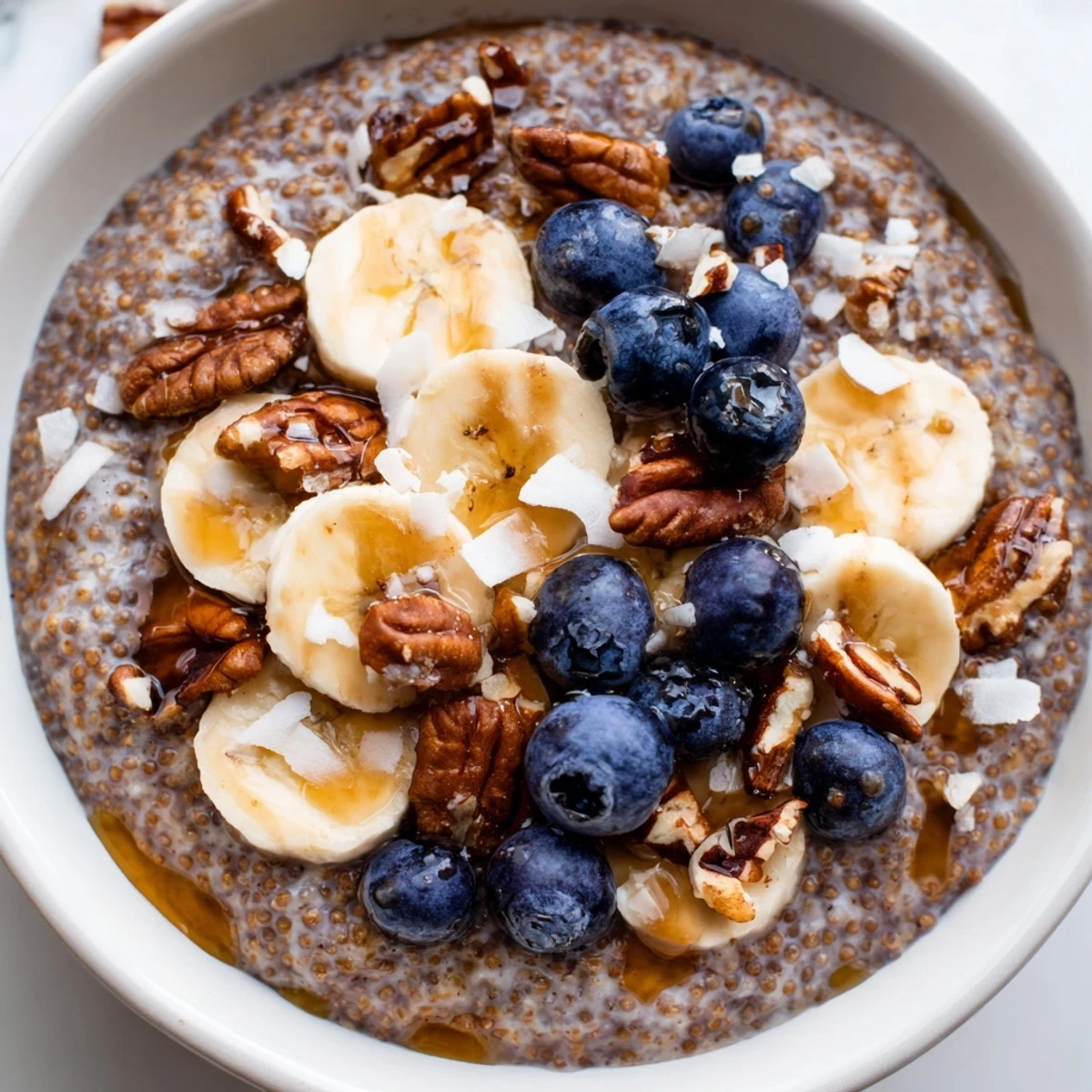 Warm vanilla cinnamon teff breakfast bowl garnished with blueberries nuts and shredded coconut