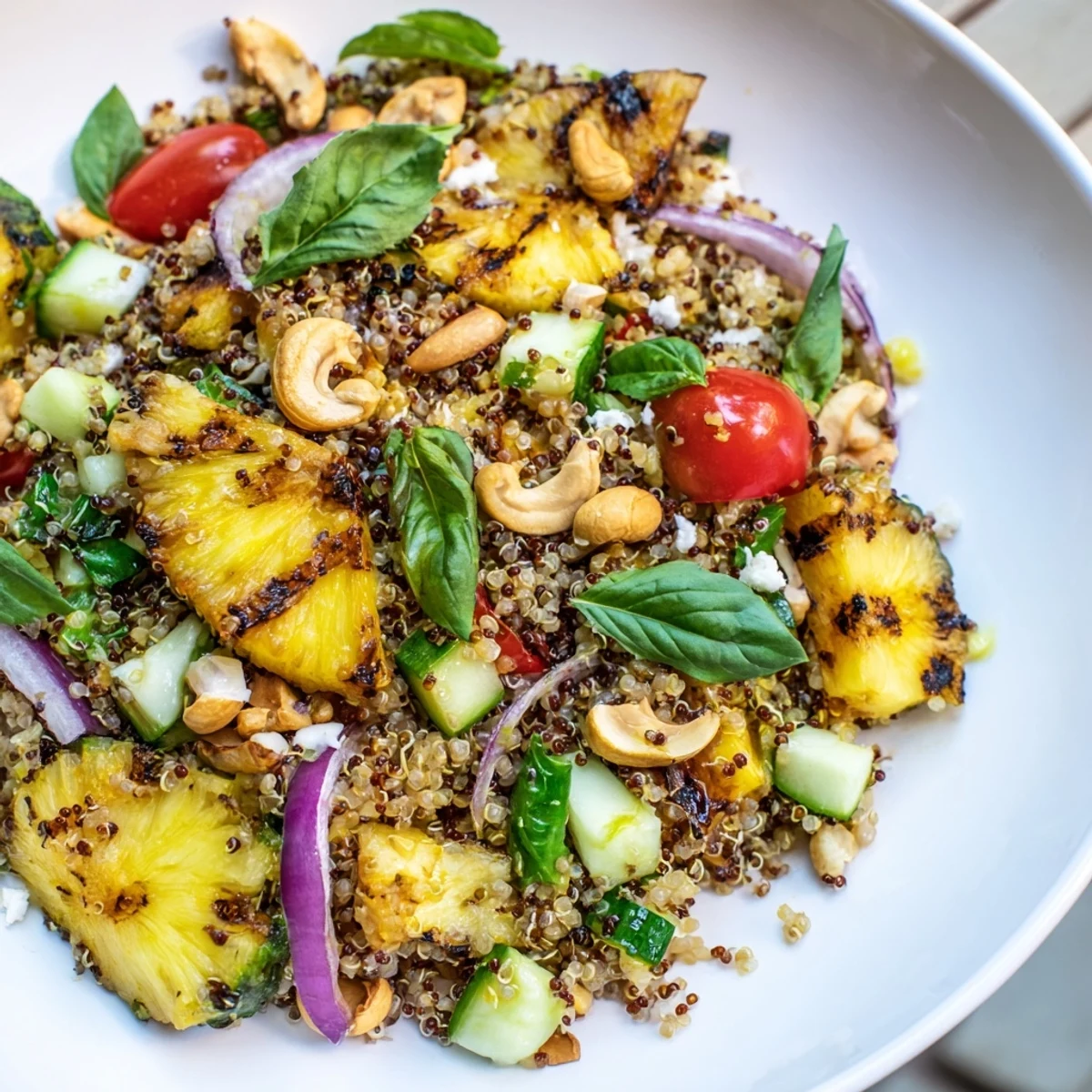 Colorful grilled pineapple basil quinoa grain salad topped with cherry tomatoes and fresh herbs