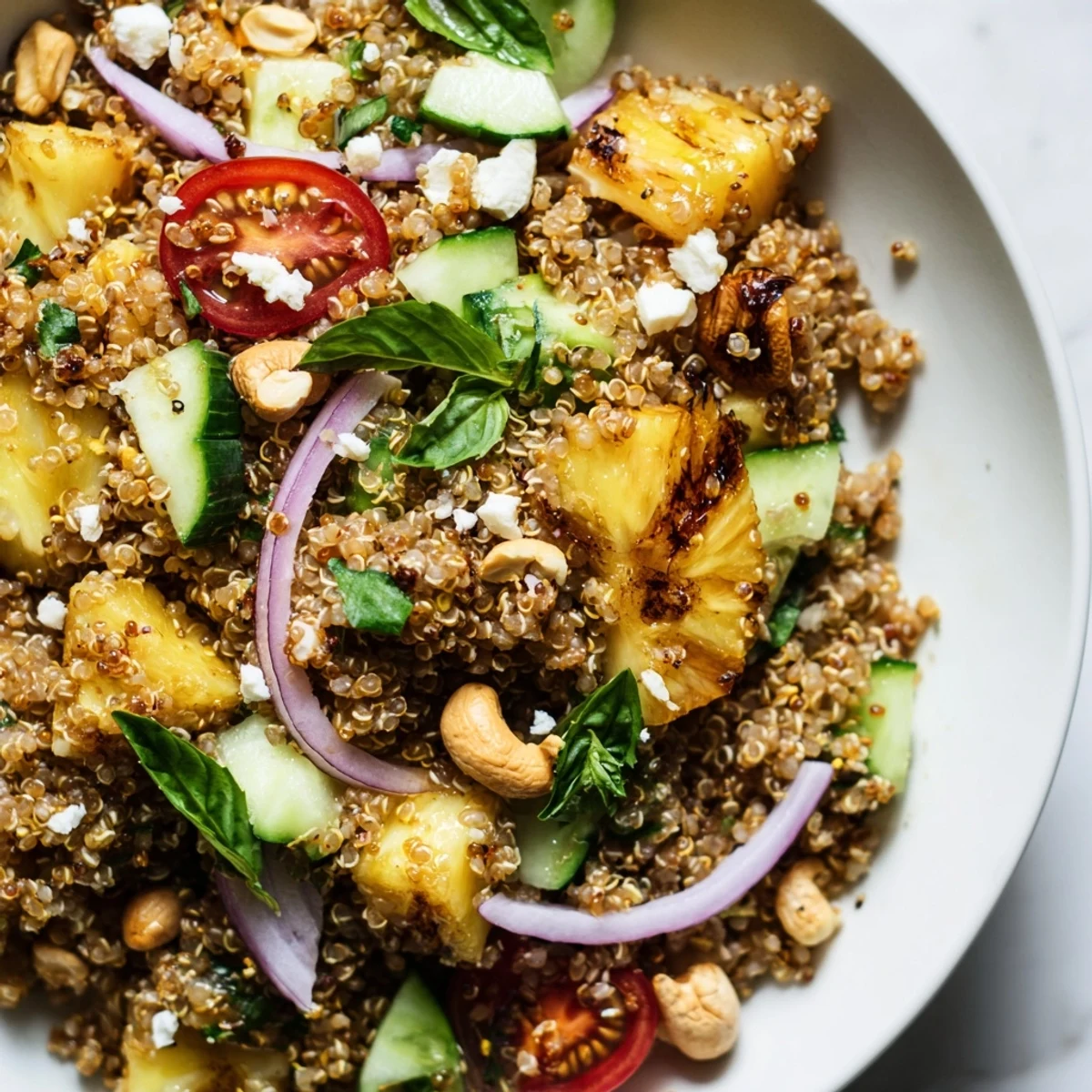 Vibrant grilled pineapple basil quinoa grain salad served in a rustic bowl with lime dressing